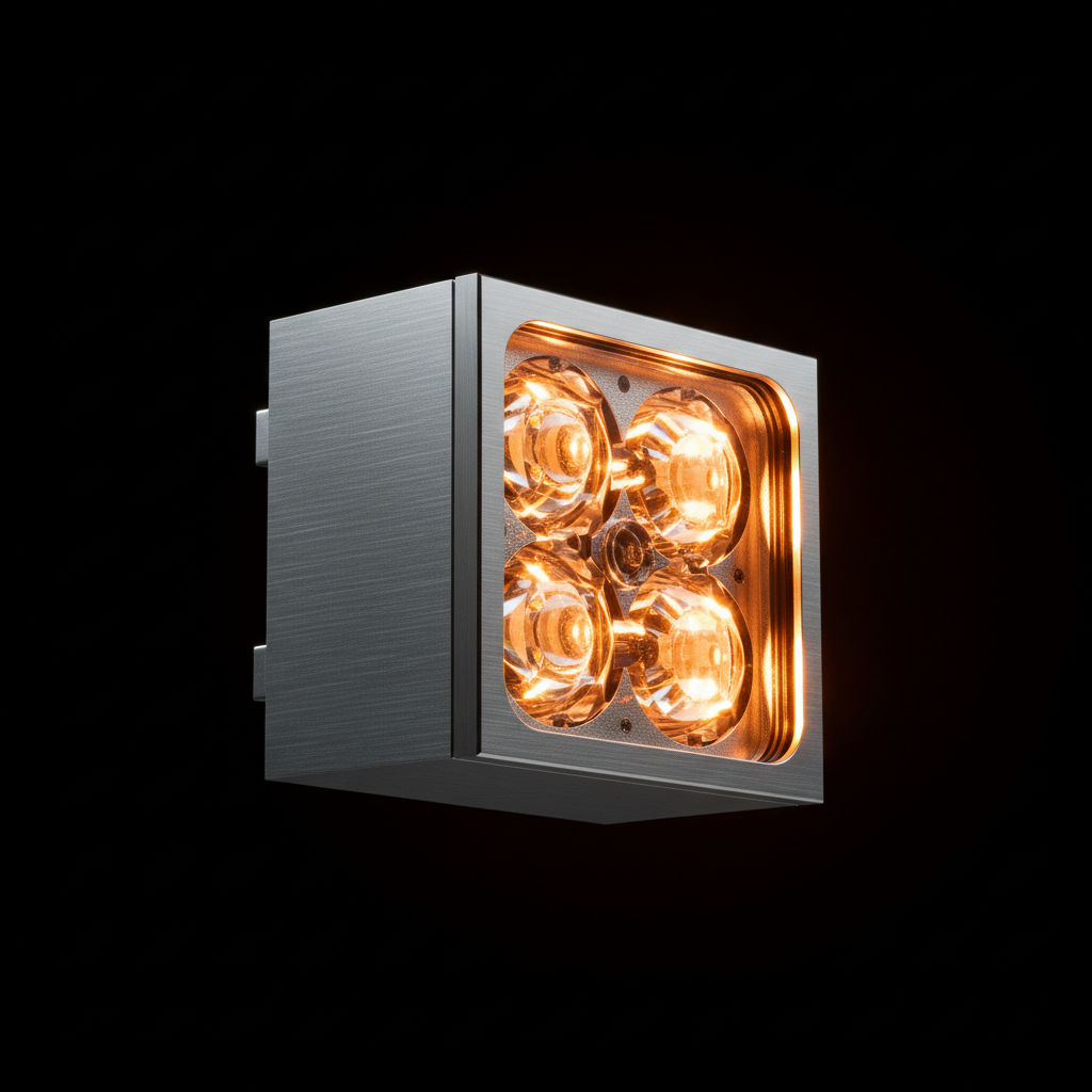 Professional LED facade spot fixture with brushed aluminum housing and precision glass lens